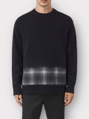 All Saints Barra Crew Ink Navy Plaid Oversized Fit Sweater